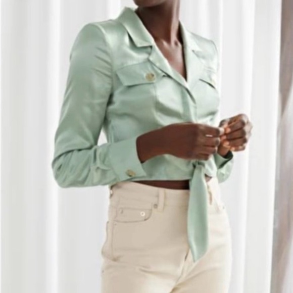 & Other Stories Cropped Tie-Front Button Shirt - Mint Green Size 4 - Picture 3 of 11